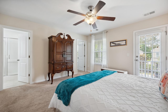 bedroom with access to exterior, light carpet, baseboards, and ceiling fan
