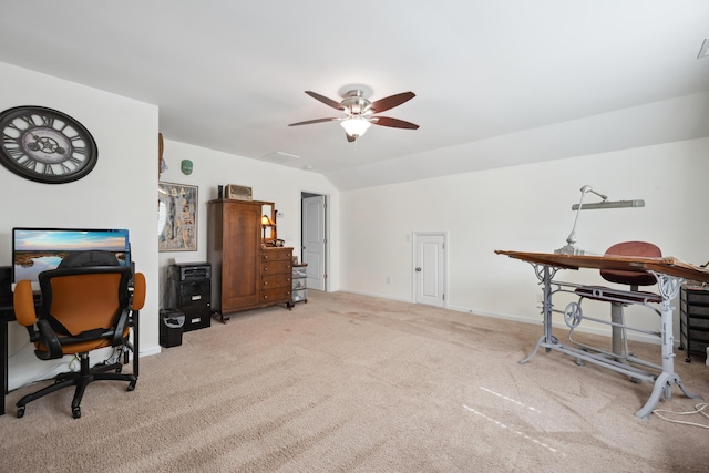carpeted office with ceiling fan, lofted ceiling, and baseboards