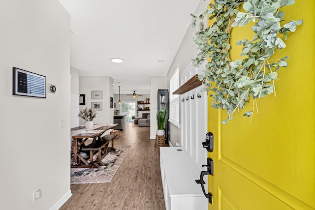 9712 Fanning Basket Ln, Ladson, SC 29456 - foyer with a ceiling fan, baseboards, and wood finished floors