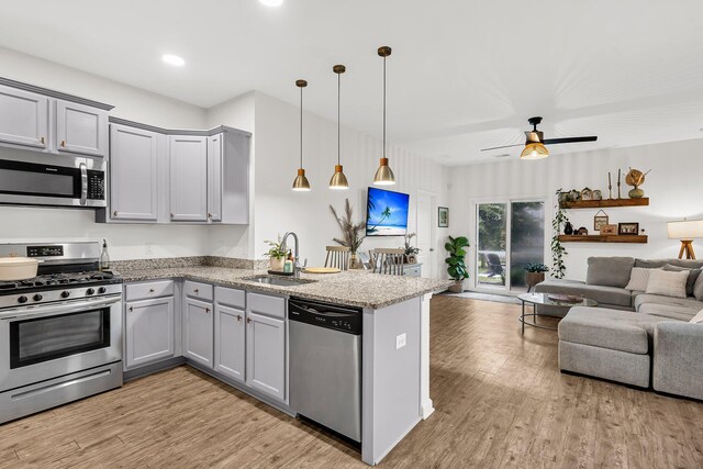 9712 Fanning Basket Ln, Ladson, SC 29456 - kitchen with appliances with stainless steel finishes, a sink, gray cabinetry, open floor plan, and a peninsula