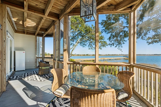 sunroom / solarium with lofted ceiling with beams, a water view, and wood ceiling