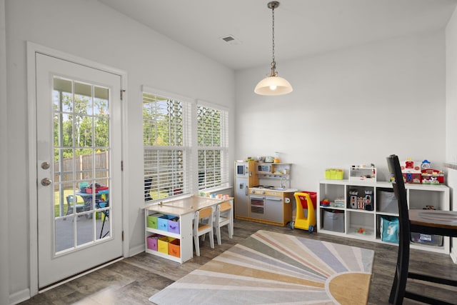 playroom with visible vents, a wealth of natural light, and wood finished floors