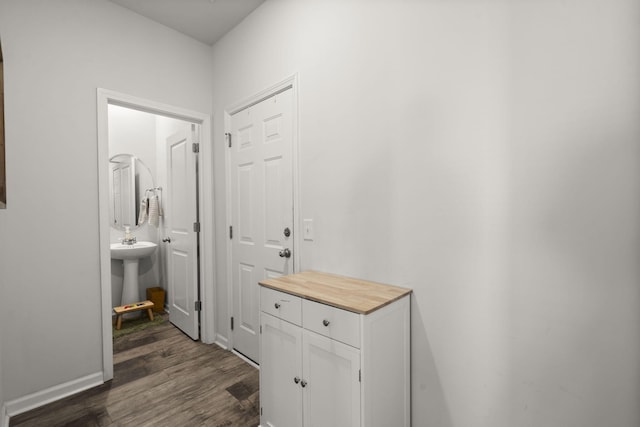interior space featuring baseboards, a sink, and wood finished floors