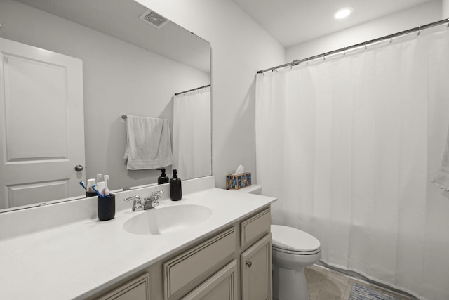 full bathroom with visible vents, tile patterned flooring, vanity, toilet, and recessed lighting
