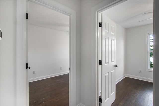 corridor with baseboards and dark wood-style floors