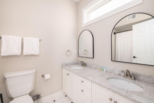 full bathroom featuring a sink, visible vents, toilet, and double vanity