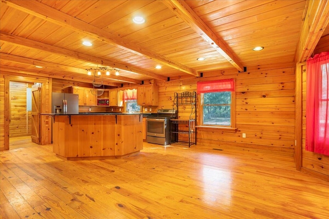 kitchen with wood walls, appliances with stainless steel finishes, light hardwood / wood-style flooring, and wooden ceiling