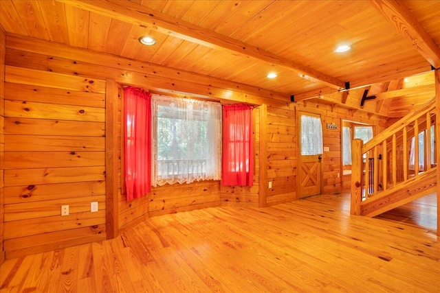 interior space featuring light hardwood / wood-style floors, wood ceiling, and wooden walls