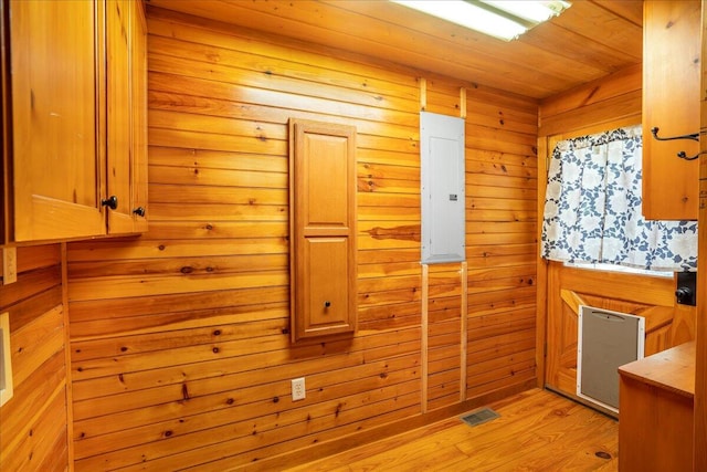 kitchen with light hardwood / wood-style floors, wood walls, electric panel, and wood ceiling