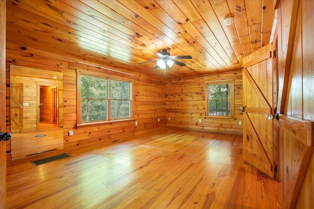 spare room featuring light hardwood / wood-style flooring, wood walls, wooden ceiling, and a wealth of natural light