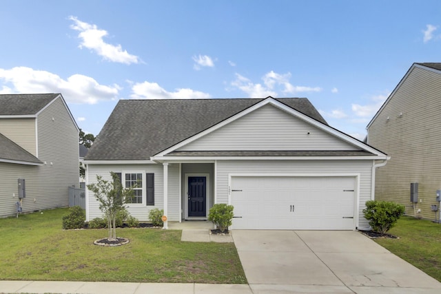 121 Ancestry Ln, Moncks Corner, SC 29461 - view of front of house with an attached garage, concrete driveway, a front lawn, and a shingled roof
