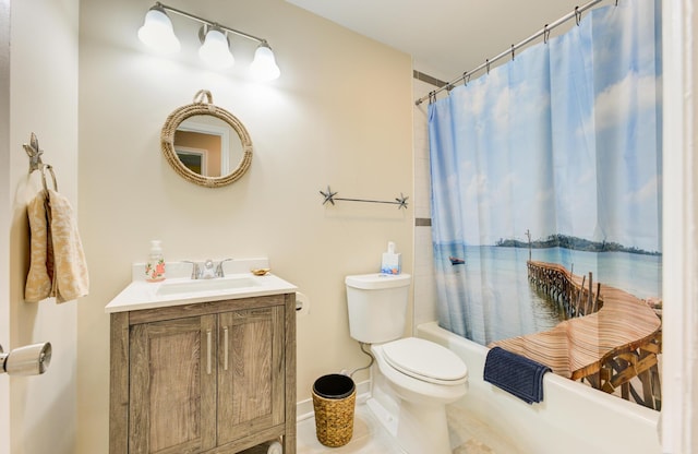 full bathroom featuring tile patterned flooring, shower / bath combination with curtain, toilet, and vanity