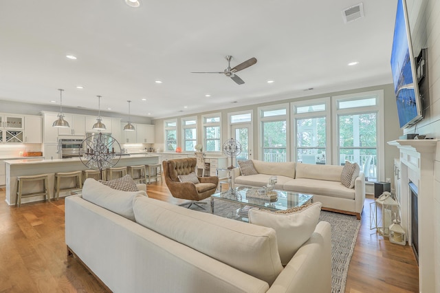 living room with ceiling fan and wood-type flooring