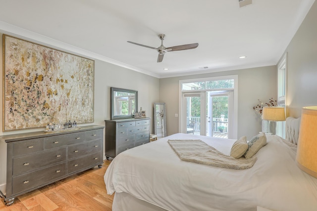 bedroom featuring ornamental molding, access to exterior, ceiling fan, and light wood-type flooring