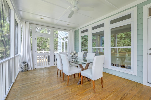 sunroom / solarium featuring ceiling fan and coffered ceiling