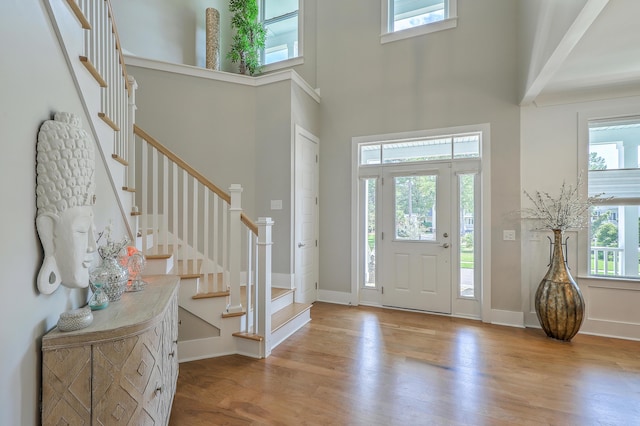 foyer entrance featuring a high ceiling and light hardwood / wood-style floors