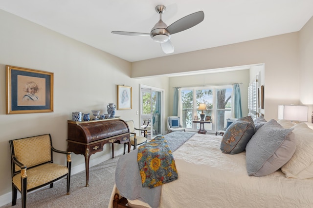 carpeted bedroom featuring access to outside, baseboards, and ceiling fan