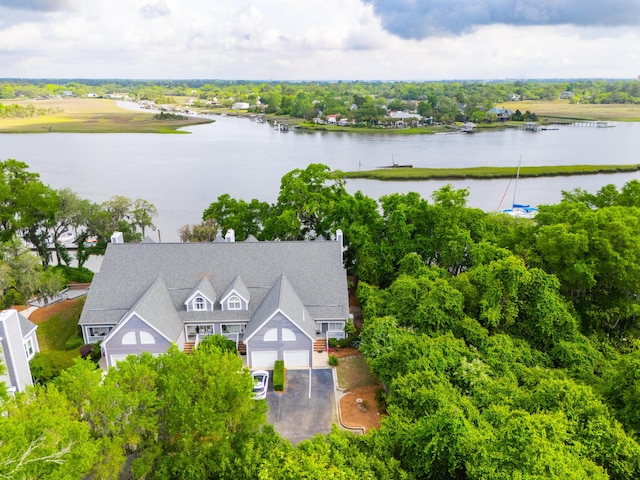 drone / aerial view featuring a water view