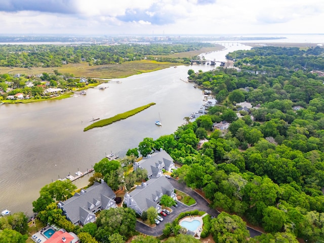 bird's eye view featuring a residential view and a water view