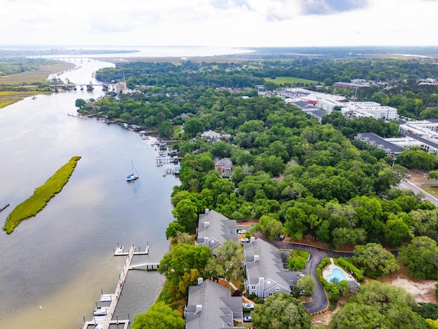 drone / aerial view featuring a water view
