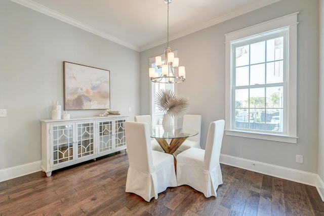 dining area with dark wood finished floors, crown molding, a healthy amount of sunlight, and baseboards