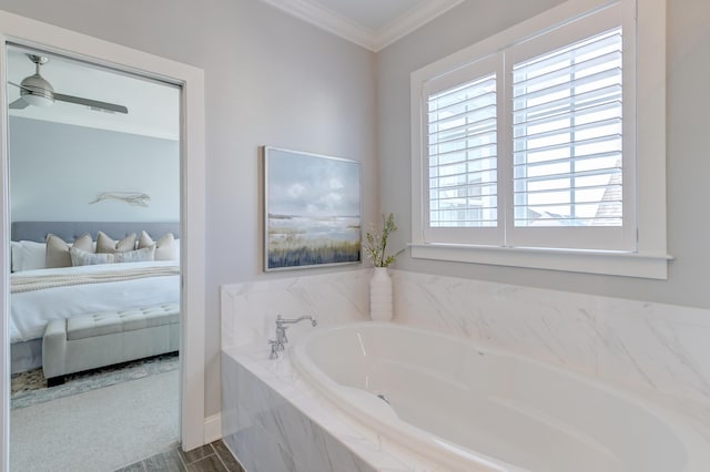 ensuite bathroom with a bath, ensuite bath, ceiling fan, and ornamental molding