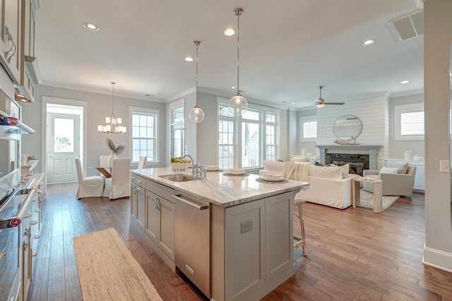 kitchen with a healthy amount of sunlight, dark wood-style floors, a sink, dishwasher, and a glass covered fireplace