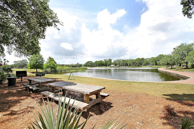 view of community with a lawn and a water view