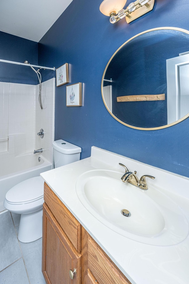 full bathroom with toilet, vanity, bathing tub / shower combination, and tile patterned flooring