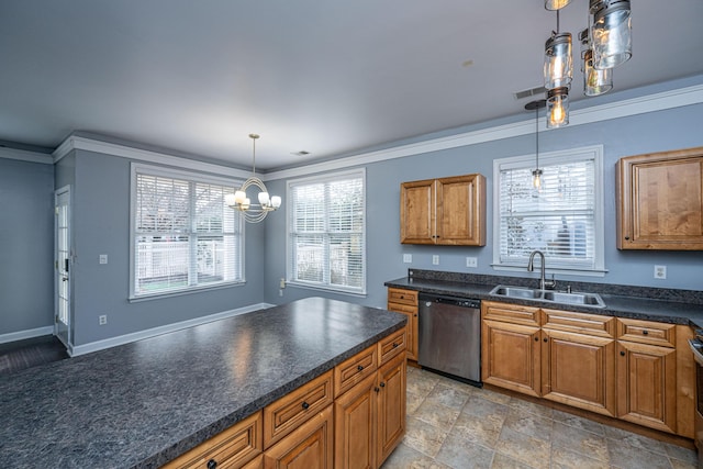 kitchen featuring dishwasher, pendant lighting, a chandelier, and sink