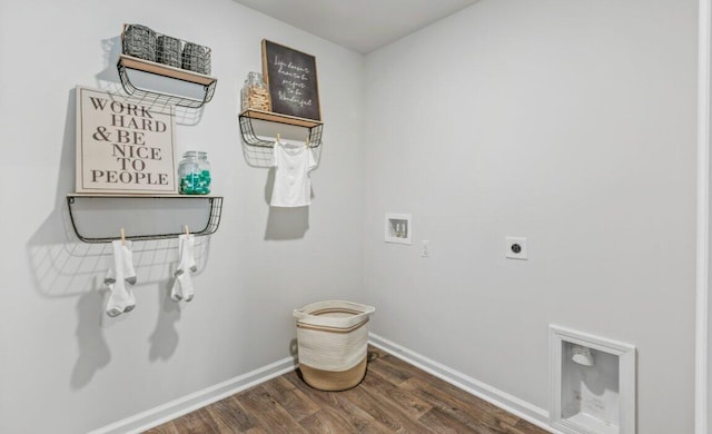 clothes washing area with hookup for a washing machine, electric dryer hookup, and dark hardwood / wood-style flooring