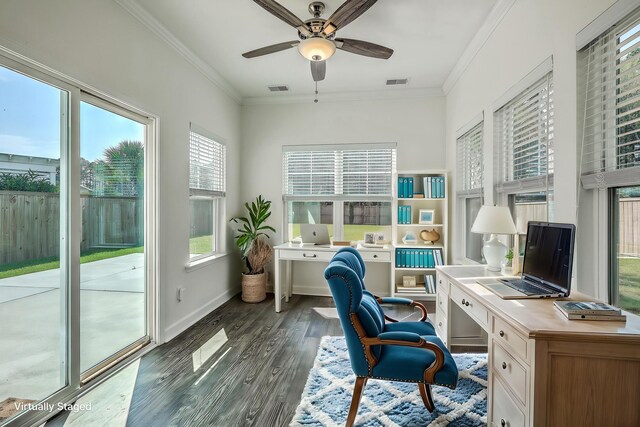 211 Saxony Loop, Summerville, SC 29486 - office area featuring wood finished floors, a ceiling fan, ornamental molding, and baseboards