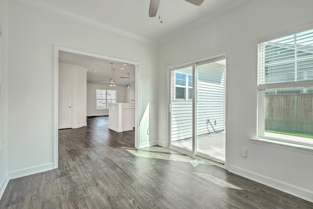 211 Saxony Loop, Summerville, SC 29486 - unfurnished room featuring a ceiling fan, ornamental molding, dark wood-type flooring, and baseboards