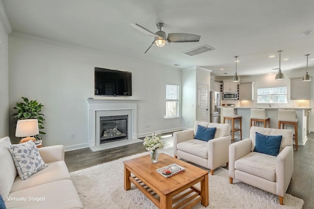 211 Saxony Loop, Summerville, SC 29486 - living room with healthy amount of natural light, ornamental molding, light wood-style flooring, ceiling fan, and a glass covered fireplace