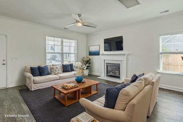 211 Saxony Loop, Summerville, SC 29486 - living area with crown molding, dark wood-style floors, a ceiling fan, a fireplace with flush hearth, and baseboards