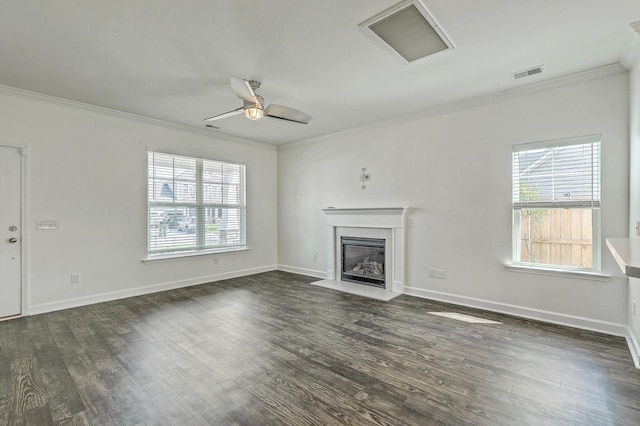 211 Saxony Loop, Summerville, SC 29486 - unfurnished living room featuring crown molding, ceiling fan, dark wood finished floors, a fireplace with flush hearth, and baseboards