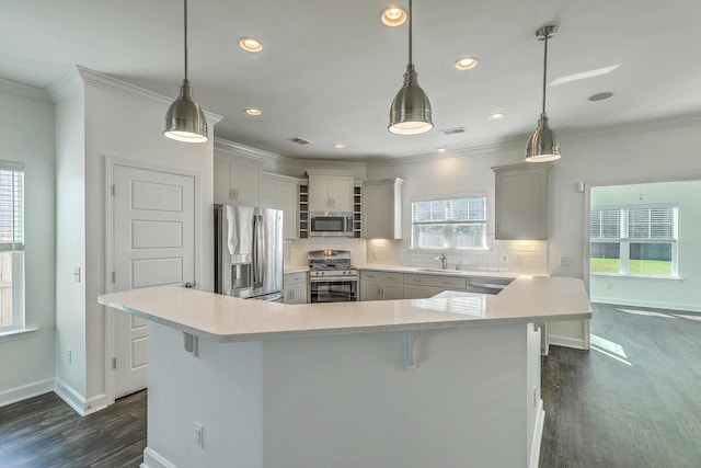 211 Saxony Loop, Summerville, SC 29486 - kitchen featuring appliances with stainless steel finishes, a sink, dark wood-style flooring, baseboards, and ornamental molding