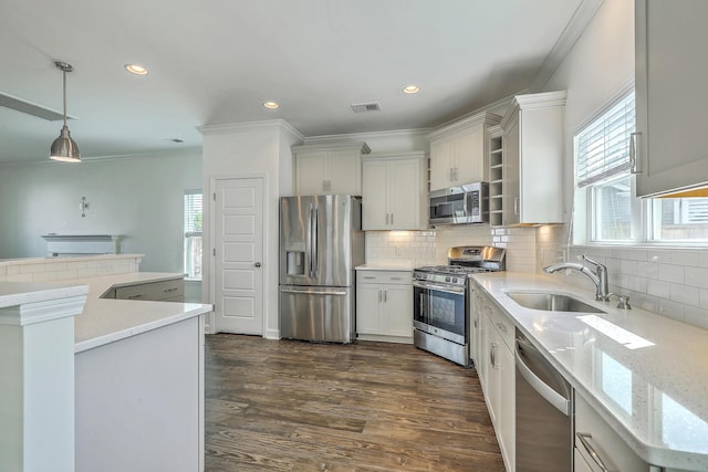 211 Saxony Loop, Summerville, SC 29486 - kitchen with appliances with stainless steel finishes, a sink, crown molding, hanging light fixtures, and decorative backsplash
