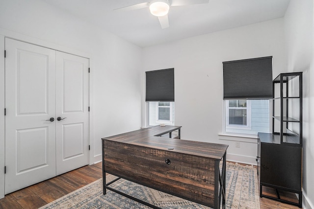 office area with dark hardwood / wood-style floors and ceiling fan