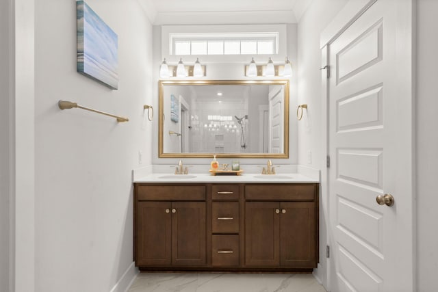 bathroom featuring double vanity, marble finish floor, a shower stall, and a sink