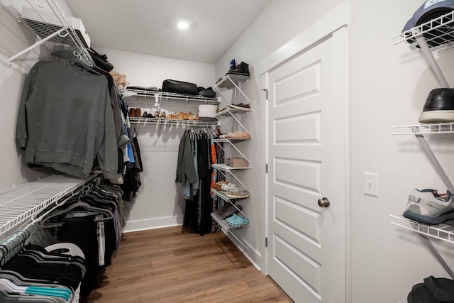 walk in closet with light wood finished floors