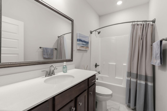 full bathroom featuring toilet, marble finish floor, shower / bath combination with curtain, and vanity