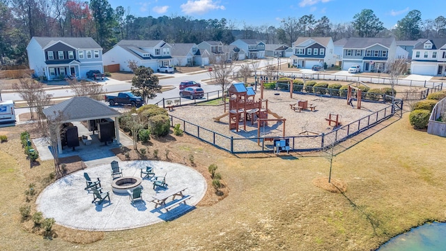 birds eye view of property with a residential view