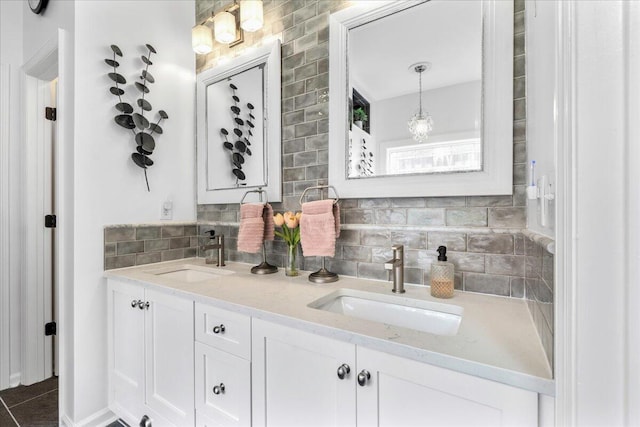 555 Pointe Of Oaks Rd, Summerville, SC 29485 - bathroom with backsplash, double vanity, and tile patterned floors