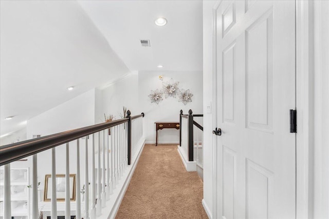 555 Pointe Of Oaks Rd, Summerville, SC 29485 - hallway featuring light colored carpet, vaulted ceiling, and recessed lighting