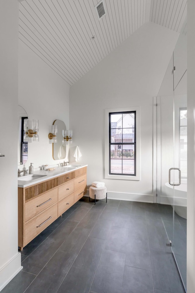 bathroom with lofted ceiling, tile patterned flooring, an enclosed shower, vanity, and wooden ceiling