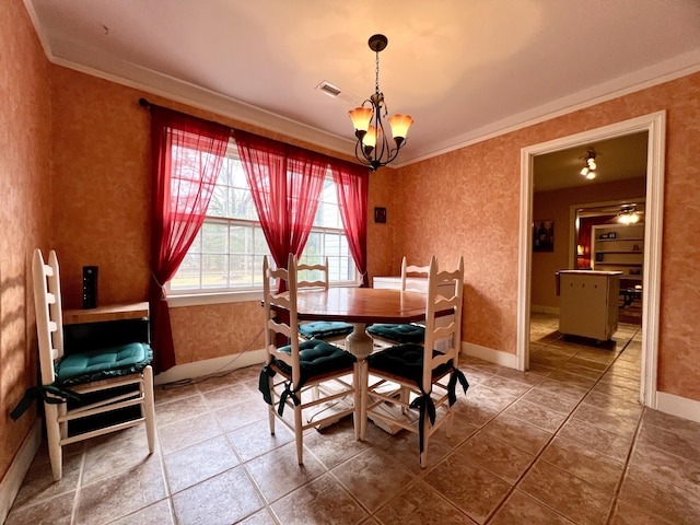 tiled dining area featuring baseboards, ornamental molding, an inviting chandelier, and visible vents
