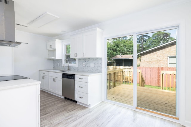 kitchen featuring white cabinets, backsplash, stainless steel dishwasher, sink, and ventilation hood