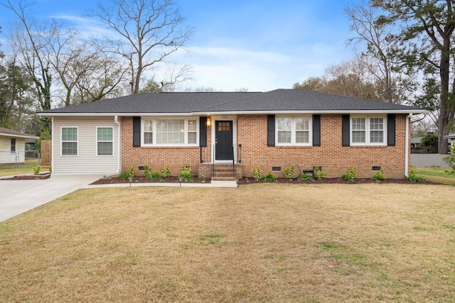 single story home with a front yard, crawl space, brick siding, and fence