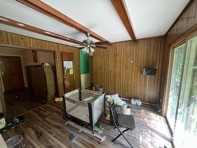 interior space with wooden walls, multiple windows, beam ceiling, and wood finished floors